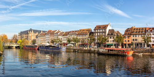 Historical houses buildings at river Ill water panorama Alsace in Strasbourg France