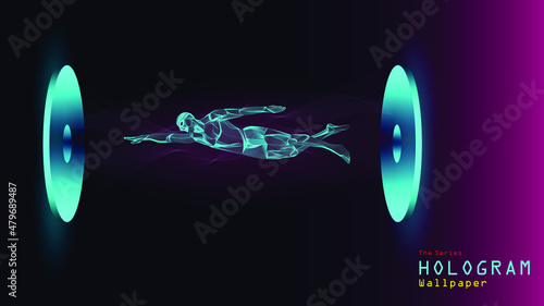 The series of hologram wallpaper. Action figure of a swimmer on light projection.