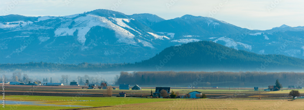 Skagit Valley Farmland With the North Cascade Mountains in the Background. A thin ground fog layer separates the Cascades from the agricultural gem of the Pacific Northwest-the Skagit Valley, WA.