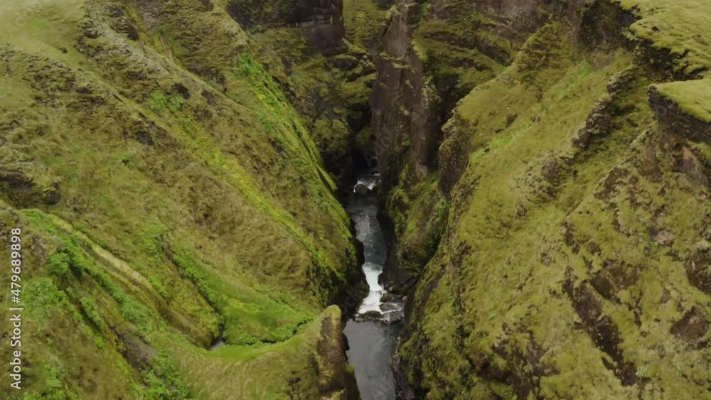 Drone Fly Over River Gorges At Fjadrargljufur Canyon In Southern Iceland. Aerial Drone Fly Over River Gorges At Fjadrargljufur Canyon In Southern Iceland. Aerial