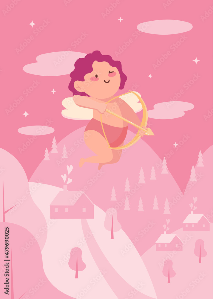Valentine's day postcard.Happy Valentines day. Baby cupid with arrow. Festive valentine's day greeting card. Isolated on white. Valentine's day postcard.Happy Valentines day. Baby cupid with arrow. Festive valentine's day greeting card. Isolated on white.