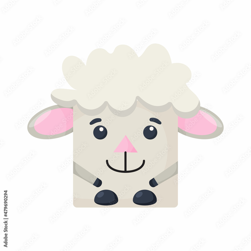 Fototapeta premium Cute cartoon square animal sheep face, vector zoo sticker isolated on white background.