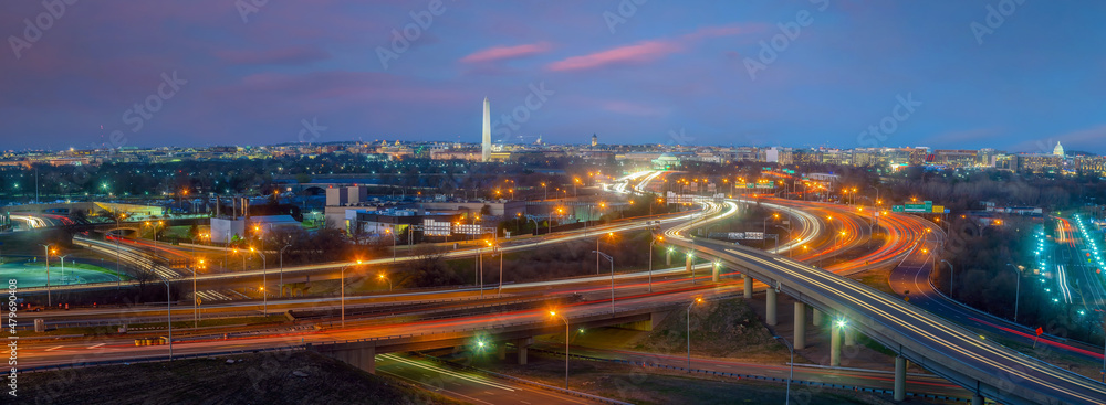 Washington, D.C., city skyline with Lincoln Memorial, Washington Monument and Thomas Jefferson Memorial