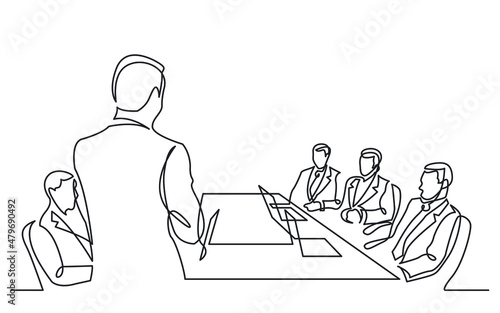 team member speaking at board meeting before business executives continuous line drawing