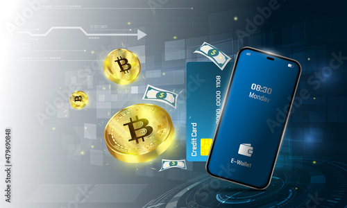 digital wallet application on mobile. banner vector