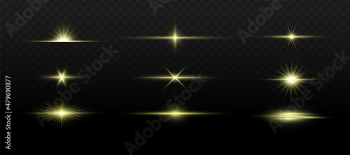Set of flashes, lights and sparks. Abstract golden lights isolated on a transparent background. Bright gold flashes and glares. Bright rays of light. Glowing lines. Vector illustration. EPS 10