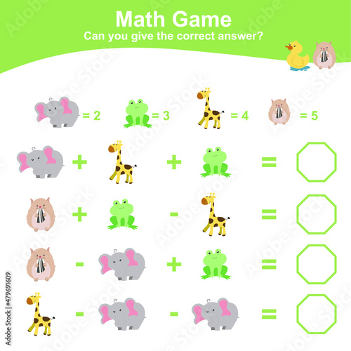 Animal theme Math Game for Preschool. Educational printable math worksheet. Additional and subtraction math for kids. Vector file. © idcreative.ddid