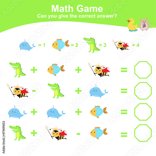 Animal theme Math Game for Preschool. Educational printable math worksheet. Additional and subtraction math for kids. Vector file.