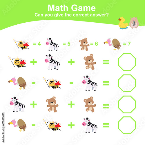 Fototapeta Naklejka Na Ścianę i Meble -  Animal theme Math Game for Preschool. Educational printable math worksheet. Additional and subtraction math for kids. Vector file.