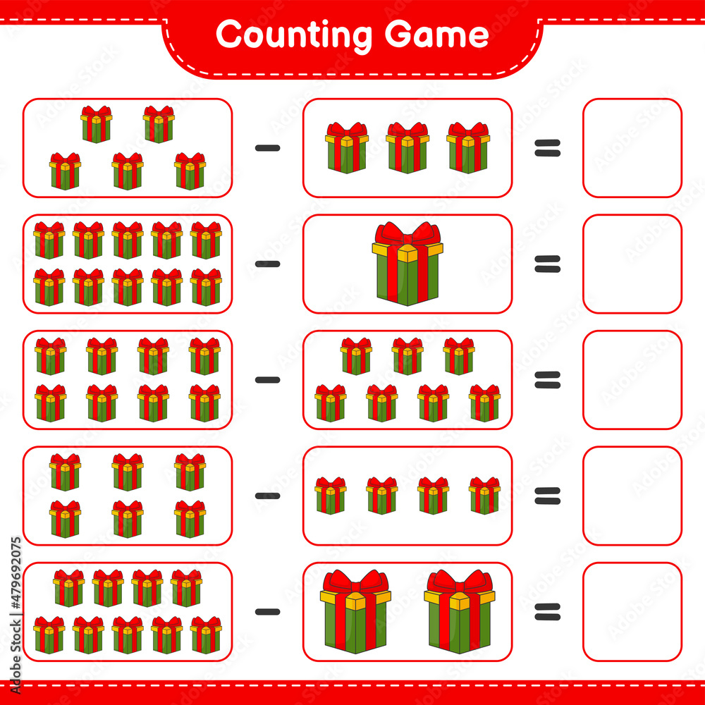 Counting game, count the number of Gift Box and write the result. Educational children game, printable worksheet, vector illustration Counting game, count the number of Gift Box and write the result. Educational children game, printable worksheet, vector illustration