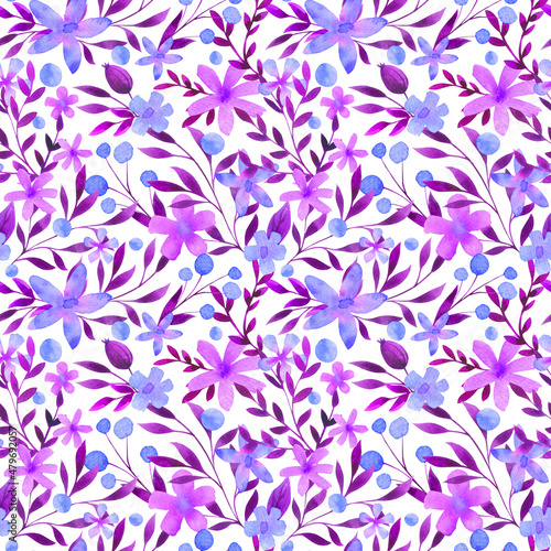 Violet, blue floral seamless pattern. Hand drawn delicate botanical repeat print. Flowers and leaves vintage design. Botanical watercolor background for textile, fabric, wrapping paper, wallpaper.