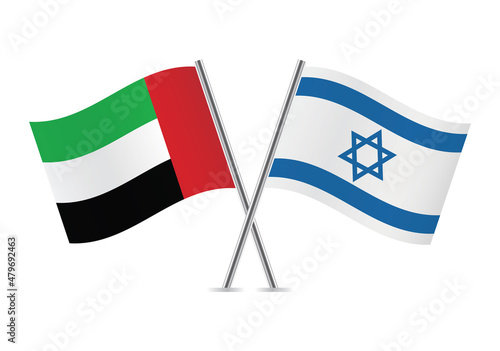 United Arab Emirates and Israel flags.  UAE and Israeli flags isolated on white background. Vector illustration.