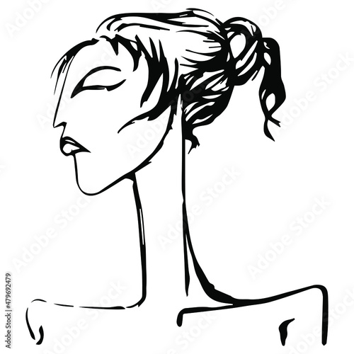 Female portrait. Hand drawn ink sketch. Goddess Artemis. beautiful young woman. Black and white silhouette.