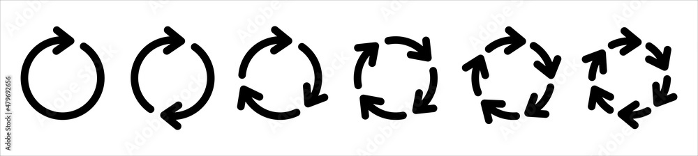 Circle arrow icon set. Symbol of reload, refresh, loading, recycle and repeat. Interconnecting round arrow vector icons set. One, two, three, four, five, six arrow in the loop. Circle arrow icon set. Symbol of reload, refresh, loading, recycle and repeat. Interconnecting round arrow vector icons set. One, two, three, four, five, six arrow in the loop.