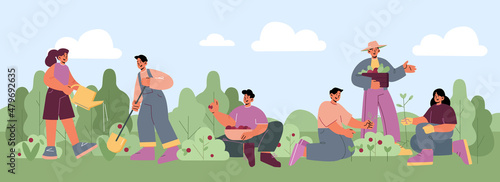 People work in garden, plant flowers and vegetables, harvest berries. Vector flat illustration of farmers or volunteers gardening together on farm, yard or public park