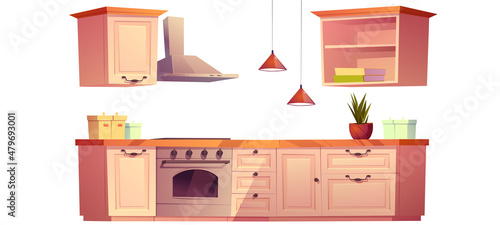 Kitchen interior set with cooking counter, stove, hood and hanging cupboards. Vector cartoon retro kitchen furniture, oven, lamps, jars and plants on desk and cook books on shelf