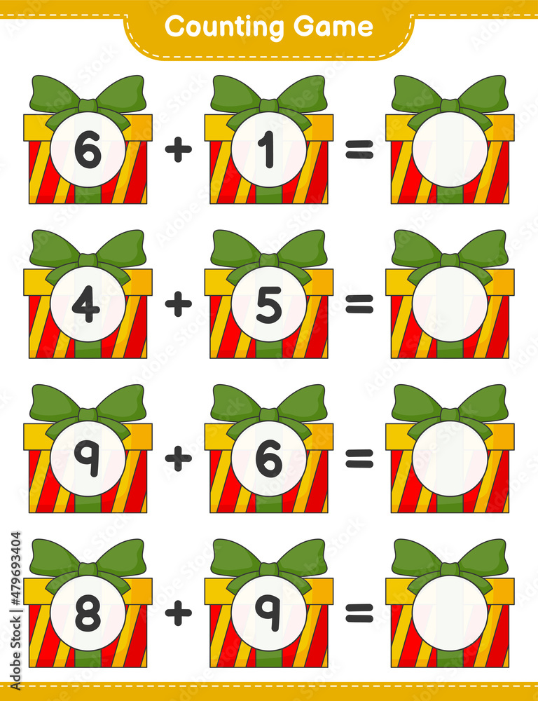 Counting game, count the number of Gift Box and write the result. Educational children game, printable worksheet, vector illustration Counting game, count the number of Gift Box and write the result. Educational children game, printable worksheet, vector illustration
