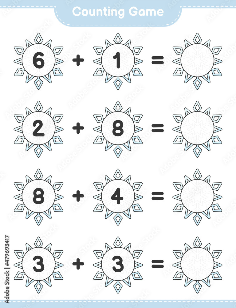 Counting game, count the number of Snowflake and write the result. Educational children game, printable worksheet, vector illustration Counting game, count the number of Snowflake and write the result. Educational children game, printable worksheet, vector illustration