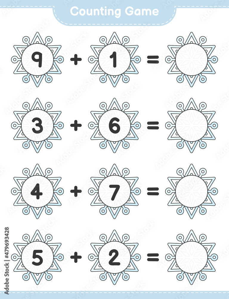 Counting game, count the number of Snowflake and write the result. Educational children game, printable worksheet, vector illustration