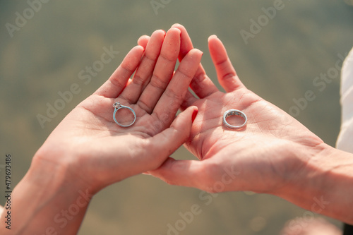 Two silver wedding rings are placed on the hands of men and women.