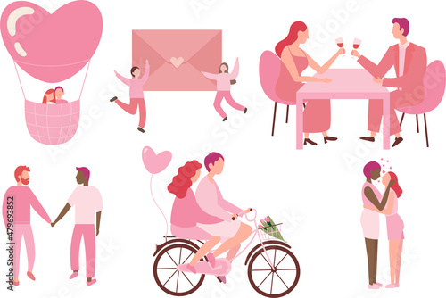 Valentine's day set of different activities, pink illustrations, clipart, stickers, cycling, romantic dinner, date, gay, lesbian, lgbt