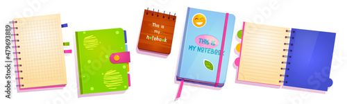 Notebooks with empty paper sheets, colorful covers, spiral binder, stickers and bookmarks. Vector cartoon set of open and closed notepads for diary, planner, education