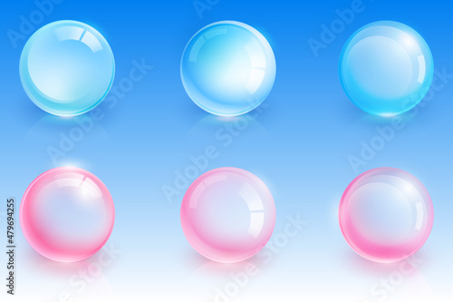 Shiny glass spheres, transparent crystal balls. Vector realistic set of 3d blue and pink clear orbs, glossy soap bubbles. Glossy translucent circles with reflections isolated on background