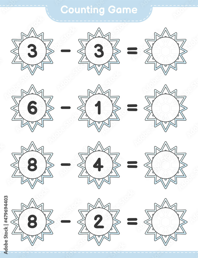 Counting game, count the number of Snowflake and write the result. Educational children game, printable worksheet, vector illustration Counting game, count the number of Snowflake and write the result. Educational children game, printable worksheet, vector illustration