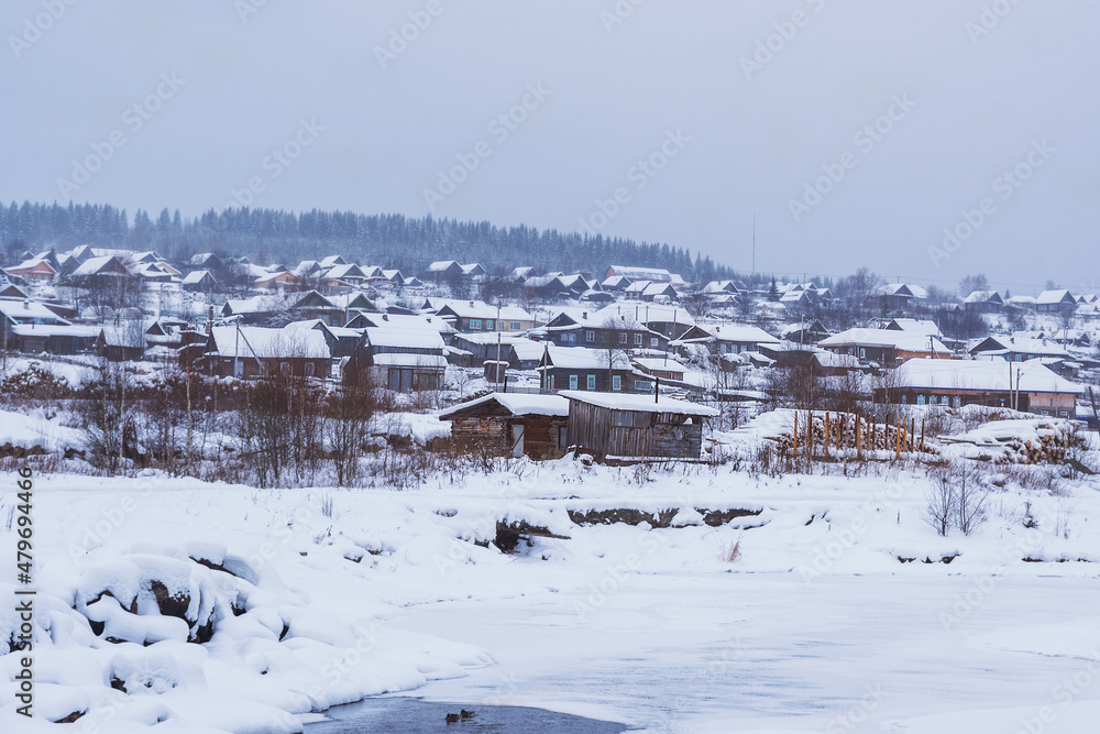 View of Russian village in winter