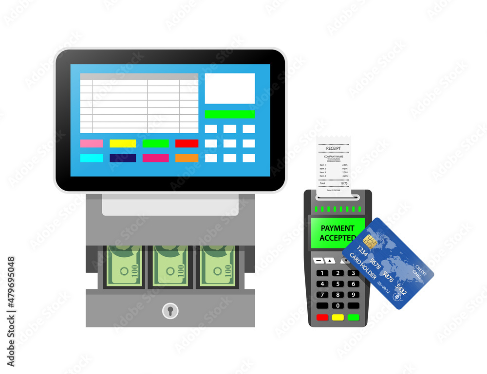 cash machine for cashier employee in store. Isolated concept modern device using electronic payment by card cash machine for cashier employee in store. Isolated concept modern device using electronic payment by card