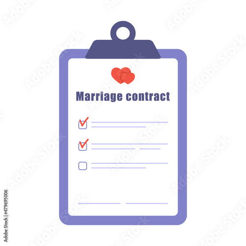 Marriage contract icon. Prenuptial agreement document. Couple divorce concept. Prenup wedding certificate. Vector illustration in flat cartoon style.