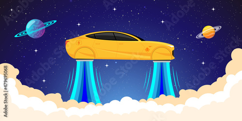 Sci-fi Spaceship flying. Fantastic flying car