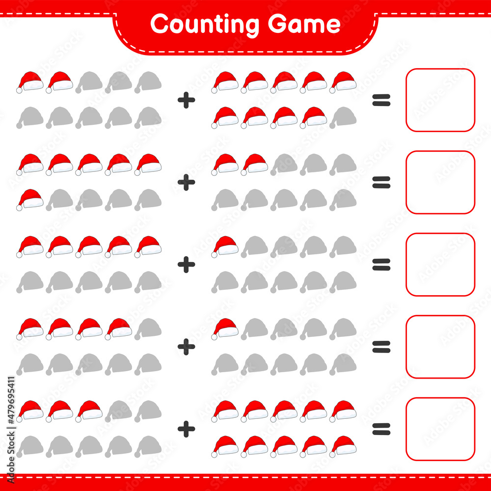 Counting game, count the number of Santa Hat and write the result. Educational children game, printable worksheet, vector illustration Counting game, count the number of Santa Hat and write the result. Educational children game, printable worksheet, vector illustration