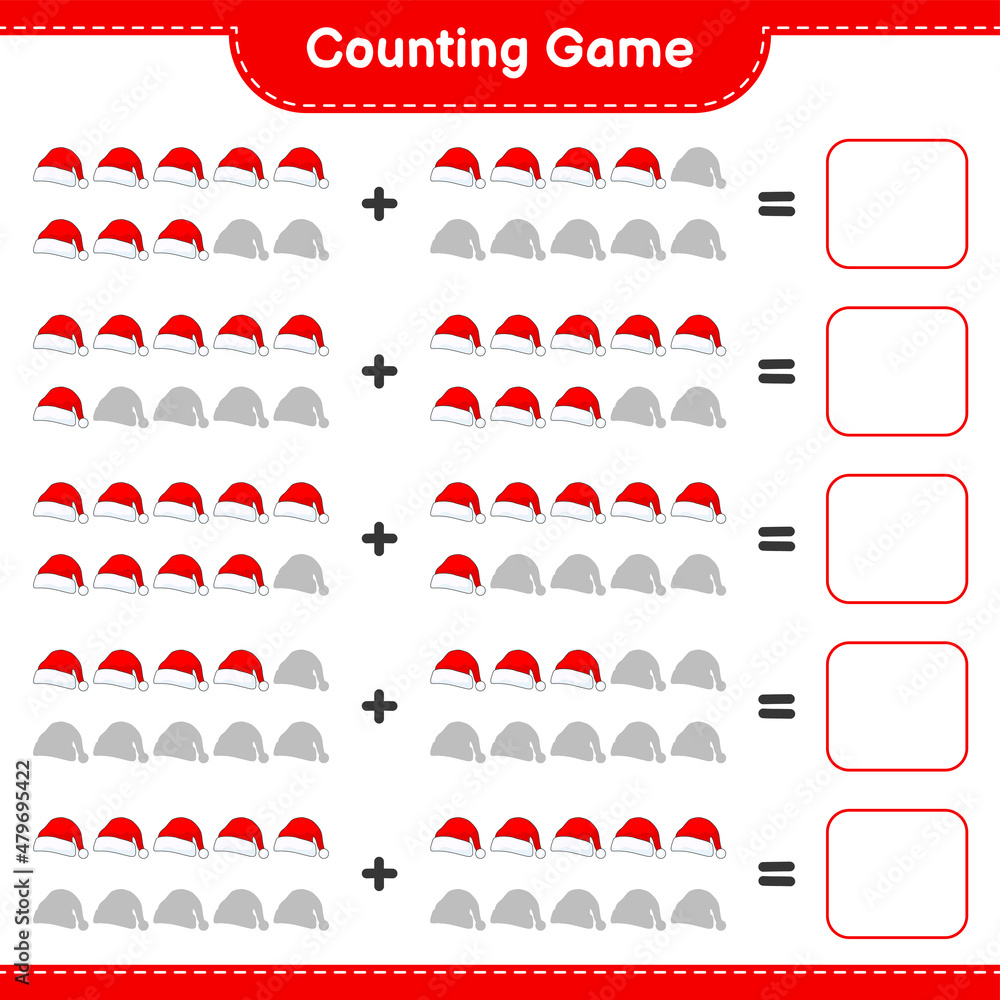 Counting game, count the number of Santa Hat and write the result. Educational children game, printable worksheet, vector illustration Counting game, count the number of Santa Hat and write the result. Educational children game, printable worksheet, vector illustration