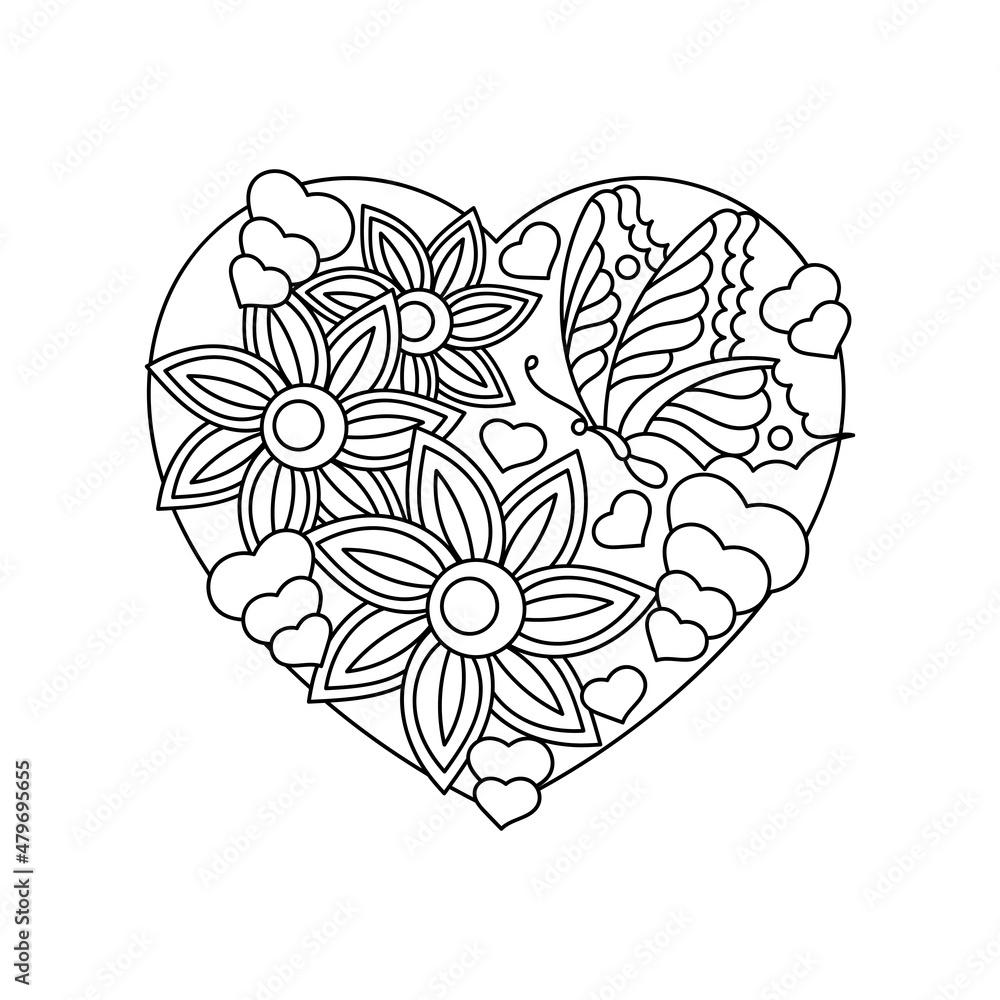 Coloring book page. Hand-drawn Love pattern. Line art with hearts , butterfly and flowers. Detailed black and white background.