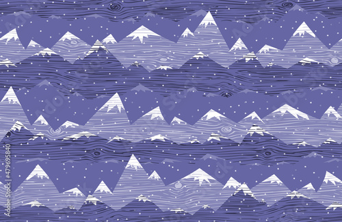 Seamless vector pattern with snow-capped mountain peaks. It is snowing on a very peri color background. Winter Christmas background for printing. Abstract silhouette of mountains with wood texture