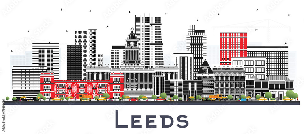 Leeds UK City Skyline with Color Buildings Isolated on White.