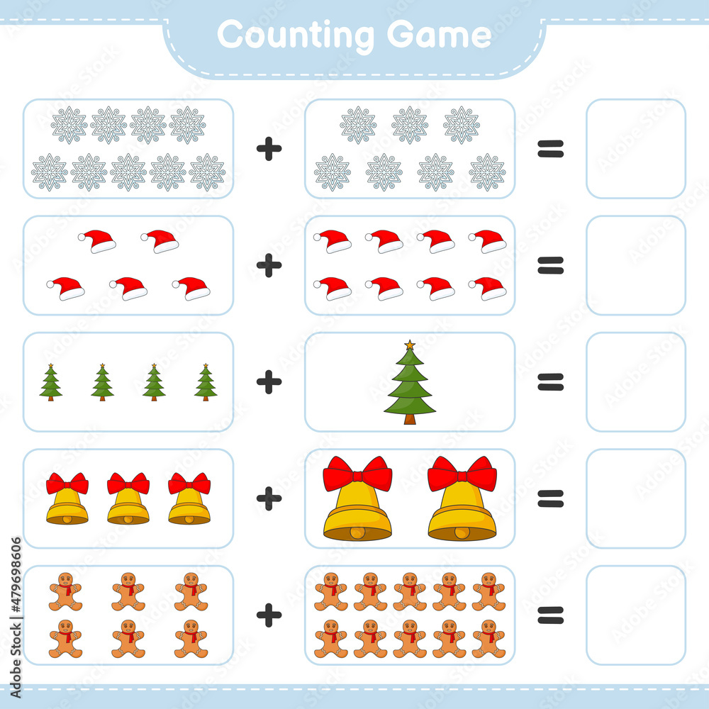 Counting game, count the number of Snowflake, Hat, Tree, Bell, Gingerbread Man and write the result. Educational children game, printable worksheet, vector illustration Counting game, count the number of Snowflake, Hat, Tree, Bell, Gingerbread Man and write the result. Educational children game, printable worksheet, vector illustration