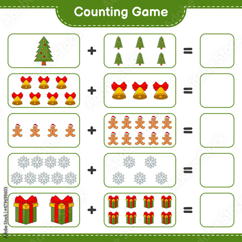 Counting game, count the number of Snowflake, Gift Box, Tree, Christmas Bell, Gingerbread Man and write the result. Educational children game, printable worksheet, vector illustration