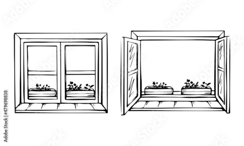  Window is open and closed sketch. Window sill with flowers. Vector hand-drawn illustration