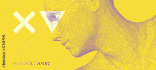 Abstract man head made from dots. Cover design template. 3D vector illustration. Can be used for advertising, marketing or presentation.