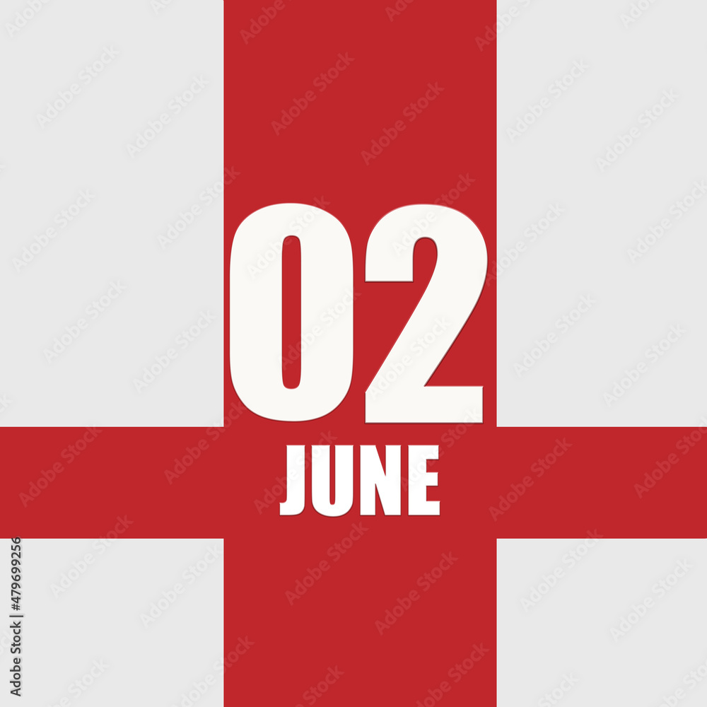 june 2. 2th day of month, calendar date.White numbers and text on red intersecting stripes. Concept of day of year, time planner, summer month june 2. 2th day of month, calendar date.White numbers and text on red intersecting stripes. Concept of day of year, time planner, summer month