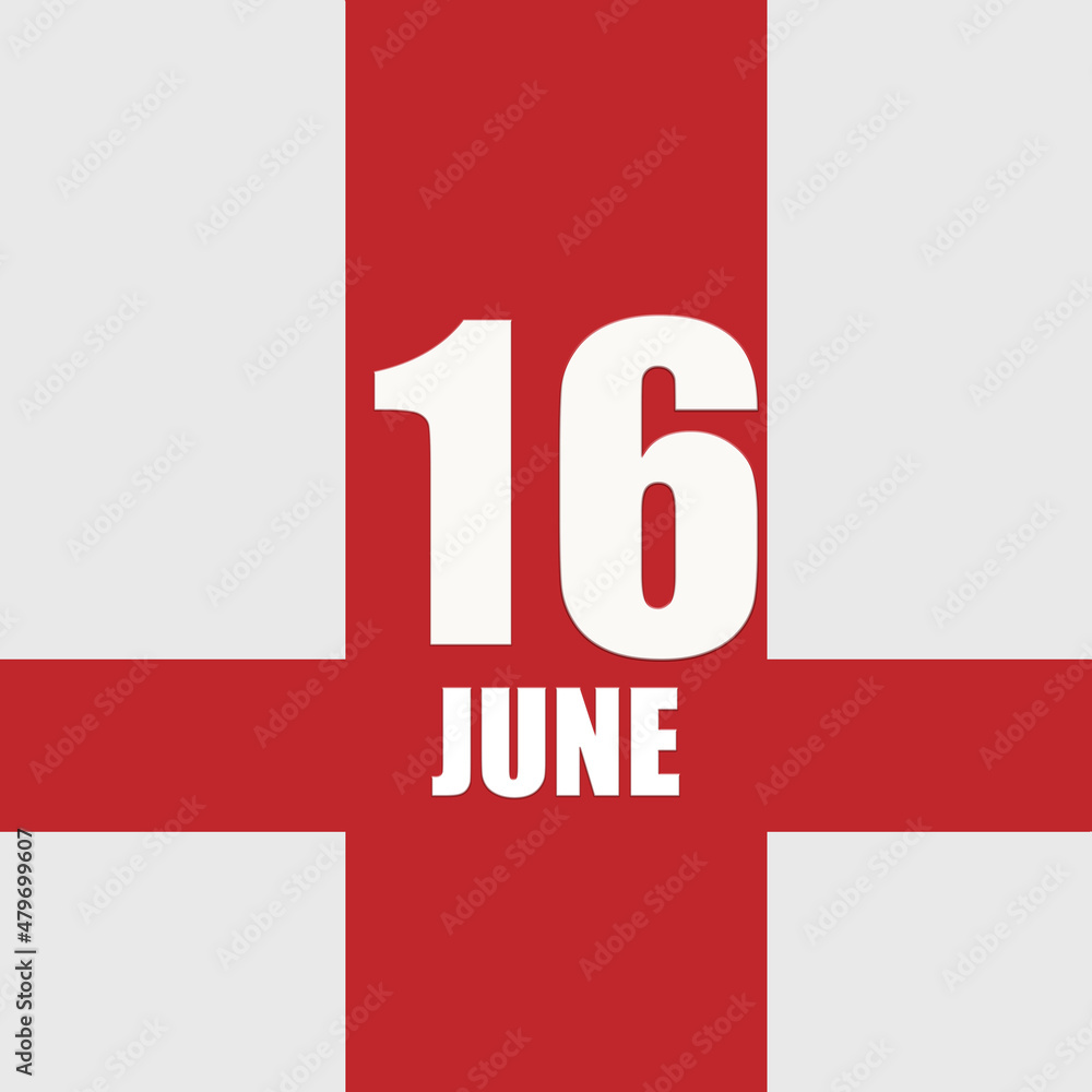 june 16. 16th day of month, calendar date.White numbers and text on red intersecting stripes. Concept of day of year, time planner, summer month june 16. 16th day of month, calendar date.White numbers and text on red intersecting stripes. Concept of day of year, time planner, summer month