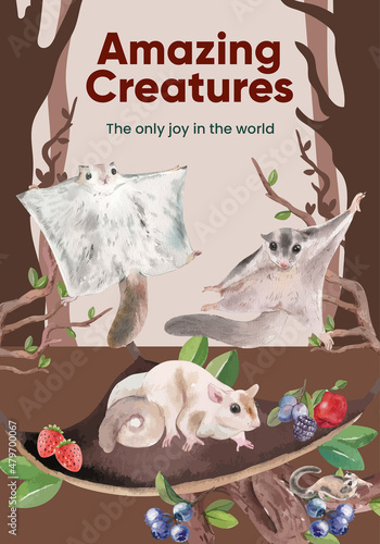 Poster template with adorble sugar gliders concept,watercolor style