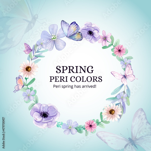 Wreath template with peri spring flower concept,watercolor style