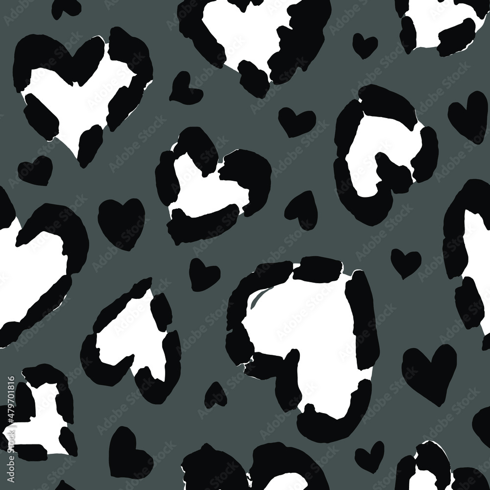 Abstract Hand Drawing Brush Strokes Heart Shape Leopard Cheetah Animal Skin Seamless Pattern Isolated Background