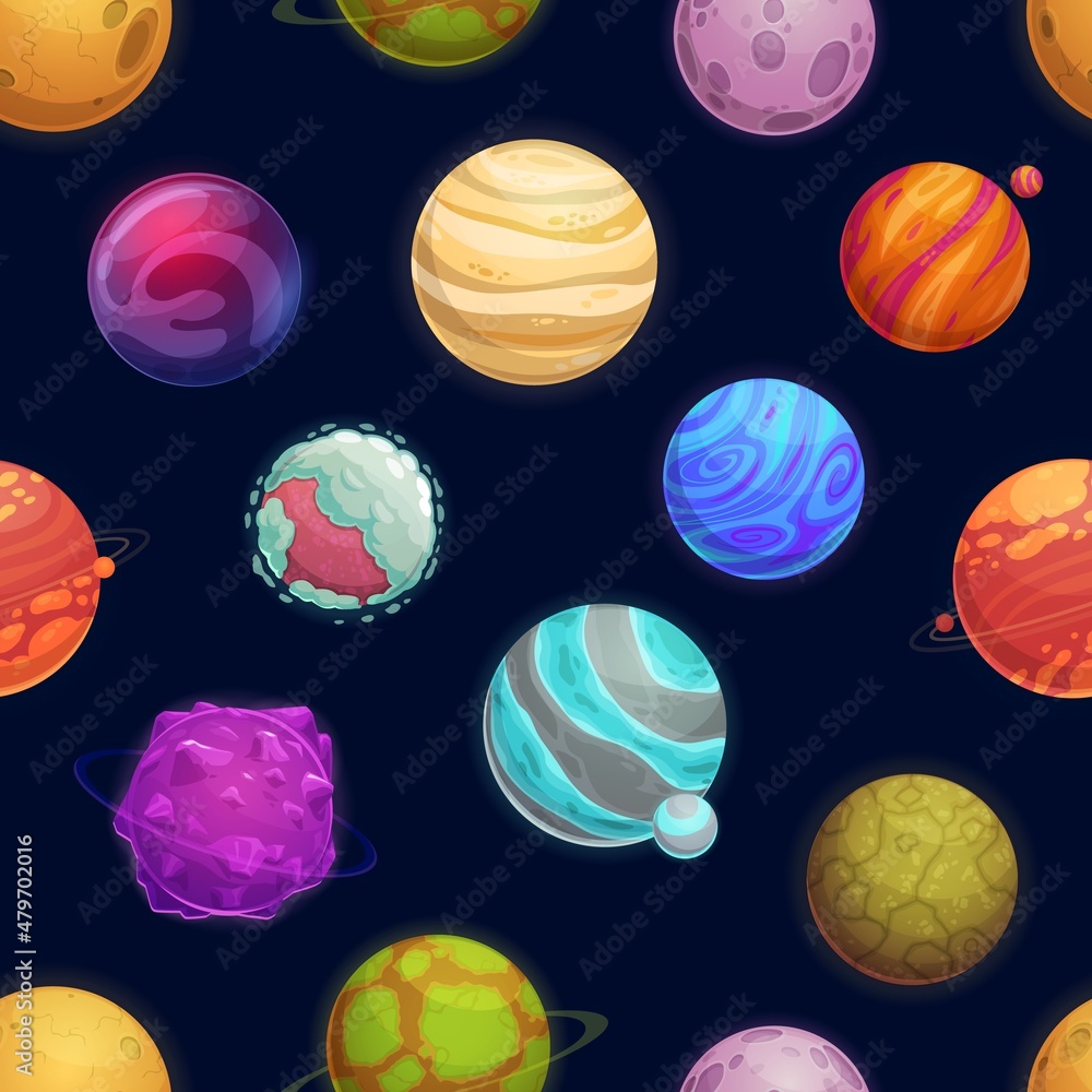 Cartoon space planets and stars seamless pattern, vector galaxy background. Asteroids and fantasy space planets in space with meteorites, meteors and comets, cartoon cosmic planetary sky background Cartoon space planets and stars seamless pattern, vector galaxy background. Asteroids and fantasy space planets in space with meteorites, meteors and comets, cartoon cosmic planetary sky background