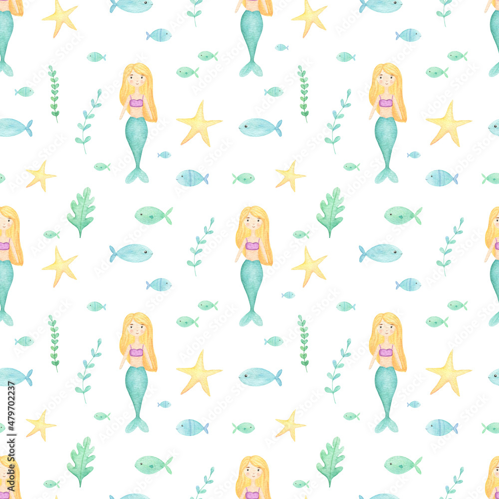 Ocean creatures watercolor cute seamless pattern with a mermaid, whales, fish, seashells isolated on white background. Perfect for kids textile, fabric, covers.  Soft light colors. 