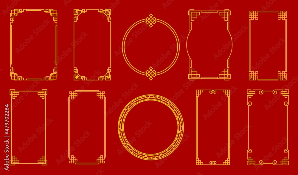 Asian golden chinese, japanese, korean knot frames and borders. Vector photo frames with traditional asian ornaments, embellishment or patterns. Oriental graphic vintage gold decor on red background - obrazy, fototapety, plakaty 