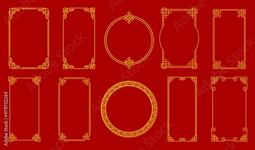 Asian golden chinese, japanese, korean knot frames and borders. Vector photo frames with traditional asian ornaments, embellishment or patterns. Oriental graphic vintage gold decor on red background